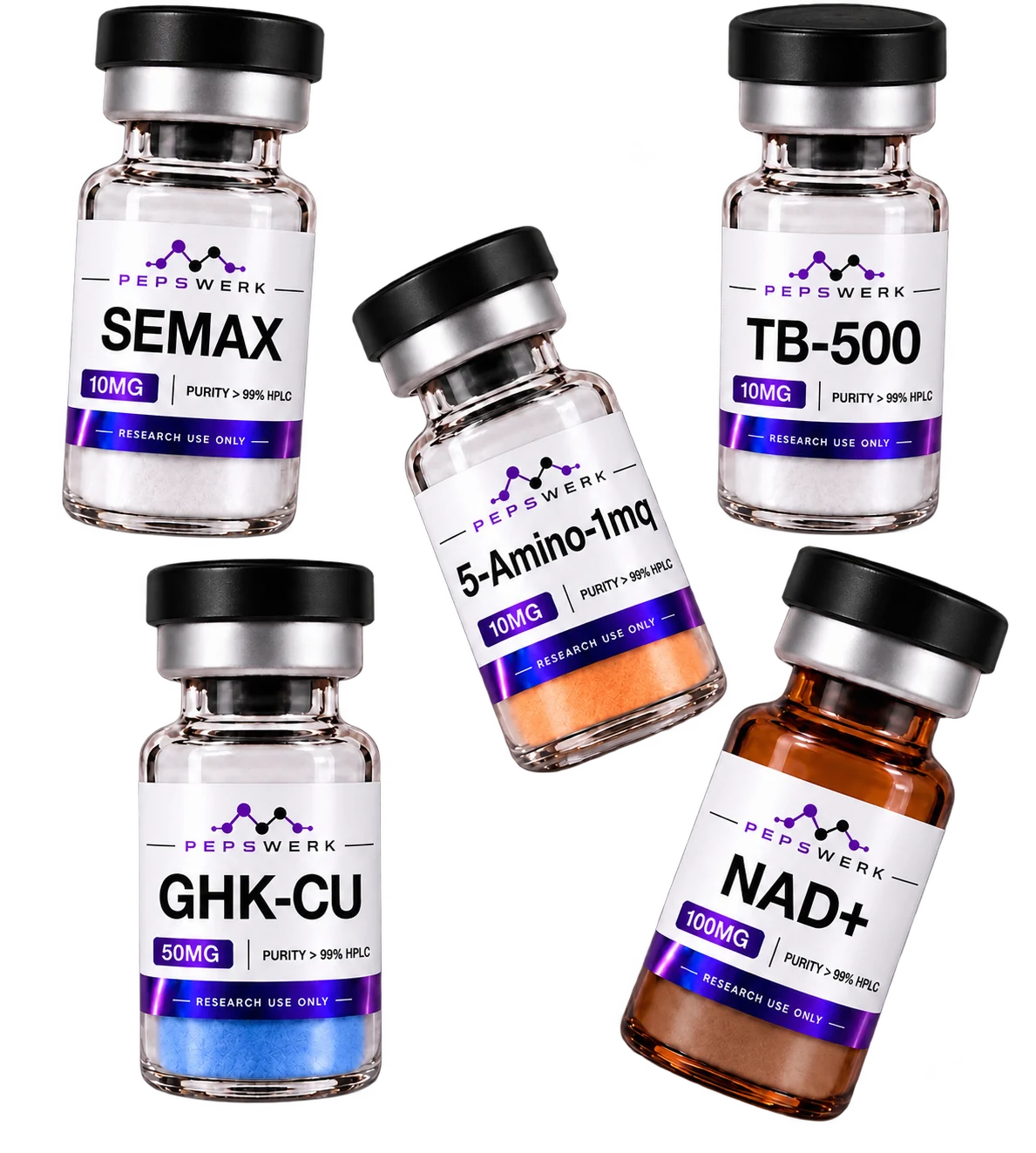 Pepswerk-Fläschchen: Semax, TB-500, 5-Amino-1mq, GHK-CU und NAD+
